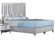 BOSS BED IN GREY AND WHITE COLOR DESIGN WITH VELVET ON HEADBOARD.MEASURING 160X200CM.WITHOUT MATRESS.WITH SOMMIER,CANAPE.