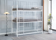 THREE BUNK BED IN WHITE METAL MEASURING 90X190 + 90X190 +90X190CM.WIYHOUT MATRESS.