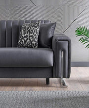 PALERMO SOFA SET IN 3+2+1 IN GREY VELVET WITH SILVER FINISH WITH CUSHIONS.