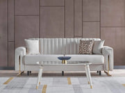 PALERMO SOFA SET IN 3+2+1 IN BEIGE VELVET WITH GOLD FINISH WITH CUSHIONS.