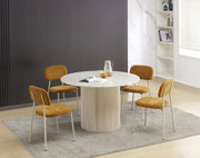 AZRA CHAIR WITH TAUPE METAL LEGS AND A HERITAGE OCHRE FABRIC SEAT.