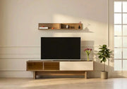 TV CABINET WITH WOOD FINISH WHITE MARBLE TOP WITH STRORAGE WITH DRAWERS AND FLIP DOWN DOORS.MEASURING 200CM