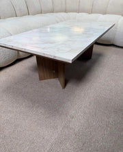 NOVA COFFEE TABLE IN BEIGE TOP WITH WALNUT EFFECT FEETS.MEASURING 120CM