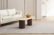 KEYSHA COFFEE TABLE WITH WALNUT EFFECT LEGS AND GLOSSY TRAVERTINE CERAMIC . MEASURING 120X60X45CM.