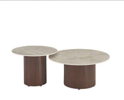 DUO BAIETA COFFEE TABLE WITH WALNUT EFFECT LEGS AND SHAKESPEARE CERAMIC . MEASURING 80 + 60CM