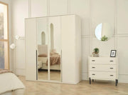 EIFFEL BEDROOM IN BEIGE FINISH .IT INCLUDES BED 160X200CM WITH X2 BEDSIDE TABLES WITHOUT MATRESS. WARDROBE WITH 180X57X216CM AND DRESSING TABLE WITH 3 DRAWERS AND MIRROR