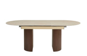 SAHARA EXTENDABLE TABLE WITH WALNUT EFFECT BASE AND MATTE TRAVERTINE CERAMIC TOP, MEASURING 160/200X90X75CM.