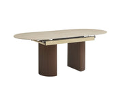 SAHARA EXTENDABLE TABLE WITH WALNUT EFFECT BASE AND MATTE TRAVERTINE CERAMIC TOP, MEASURING 160/200X90X75CM.