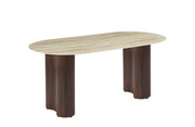 VENEZIA DINING TABLE WITH METAL BASE IN WALNUT EFFECT AND GLOSSY TRAVERTINE CERAMIC TOP. MEASUIRNG 180X90X75CM