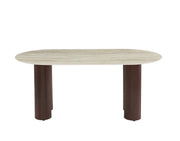 VENEZIA DINING TABLE WITH METAL BASE IN WALNUT EFFECT AND GLOSSY TRAVERTINE CERAMIC TOP. MEASUIRNG 180X90X75CM