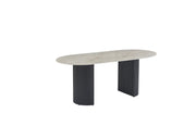 ANNA DINING TABLE WITH BLACK METAL BASE AND GLOSSY TRAVERTINE CERAMIC TOP. MEASUIRNG 180X90X75CM