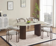 ANNA DINING TABLE WITH METAL BASE IN WALNUT EFFECT AND GLOSSY TRAVERTINE CERAMIC TOP. MEASURING 180X90X75CM