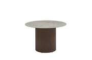 BAIETAA ROUND DINING TABLE WITH WALNUT EFFECT BASE AND SHAKESPEARE CERAMIC TOP . MEASUIRNG 120X75CM