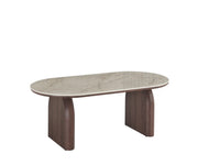 FLUIDE COFFEE TABLE WITH WALNUT EFFECT LEGS AND SHAKESPEARE CERAMIC TOP . MEASUIRNG 120X60X45CM