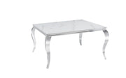 BAROQUE SQUARE DINING TABLE WITH SILVER BASE FEETS AND WHITE MARBLE TOP. MEASURING 140X140X75CM