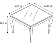 BAROQUE SQUARE DINING TABLE WITH SILVER BASE FEETS AND WHITE MARBLE TOP. MEASURING 140X140X75CM