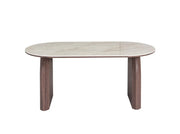 FLUIDE COFFEE TABLE WITH WALNUT EFFECT LEGS AND SHAKESPEARE CERAMIC TOP . MEASUIRNG 180X90X75CM