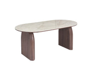 FLUIDE COFFEE TABLE WITH WALNUT EFFECT LEGS AND SHAKESPEARE CERAMIC TOP . MEASUIRNG 180X90X75CM