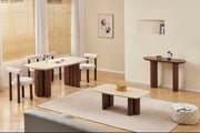 TRINITY CERAMIC COFFEE TABLE WITH WALNUT EFFECT FEETS AND TRAVERTINE TOP. MEASUIRNG
