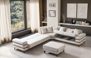 MODERN L-SHAPED SECTIONAL SOFA IN BEIGE FABRIC WITH DEEP CUSHIONED SEATING , MATCHING PILLOWS AND ELEGANT WAKNUT FINISH LEGS.MEDIDAS 322X282CM