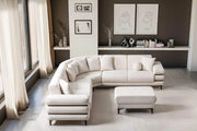 MODERN L-SHAPED SECTIONAL SOFA IN BEIGE FABRIC WITH DEEP CUSHIONED SEATING , MATCHING PILLOWS AND ELEGANT WAKNUT FINISH LEGS.MEDIDAS 322X282CM