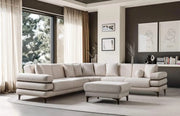 MODERN L-SHAPED SECTIONAL SOFA IN BEIGE FABRIC WITH DEEP CUSHIONED SEATING , MATCHING PILLOWS AND ELEGANT WAKNUT FINISH LEGS.MEDIDAS 322X282CM