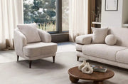 MODERN SECTIONAL SOFA3+2+1 IN BEIGE FABRIC WITH DEEP CUSHIONED SEATING , MATCHING PILLOWS AND ELEGANT WAKNUT FINISH LEGS.