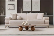 MODERN SECTIONAL SOFA3+2+1 IN BEIGE FABRIC WITH DEEP CUSHIONED SEATING , MATCHING PILLOWS AND ELEGANT WAKNUT FINISH LEGS.