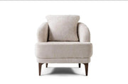 MODERN SECTIONAL SOFA3+2+1 IN BEIGE FABRIC WITH DEEP CUSHIONED SEATING , MATCHING PILLOWS AND ELEGANT WAKNUT FINISH LEGS.