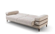 MODERN SECTIONAL SOFA3+2+1 IN BEIGE FABRIC WITH DEEP CUSHIONED SEATING , MATCHING PILLOWS AND ELEGANT WAKNUT FINISH LEGS.