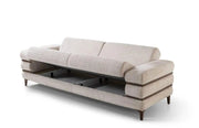 MODERN SECTIONAL SOFA3+2+1 IN BEIGE FABRIC WITH DEEP CUSHIONED SEATING , MATCHING PILLOWS AND ELEGANT WAKNUT FINISH LEGS.