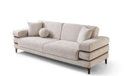 MODERN SECTIONAL SOFA3+2+1 IN BEIGE FABRIC WITH DEEP CUSHIONED SEATING , MATCHING PILLOWS AND ELEGANT WAKNUT FINISH LEGS.