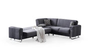 MODERN L-SHAPED SOFA IN GREY VELVET WITH CUSHIONED SEATING , MATCHING PILLOWS. MEDIDAS-220X270X90CM