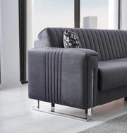MODERN L-SHAPED SOFA IN GREY VELVET WITH CUSHIONED SEATING , MATCHING PILLOWS. MEDIDAS-220X270X90CM