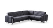 MODERN L-SHAPED SOFA IN GREY VELVET WITH CUSHIONED SEATING , MATCHING PILLOWS. MEDIDAS-220X270X90CM