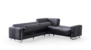 MODERN L-SHAPED SOFA IN GREY VELVET WITH CUSHIONED SEATING , MATCHING PILLOWS. MEDIDAS-220X270X90CM