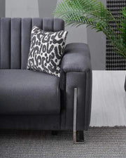 MODERN L-SHAPED SOFA IN GREY VELVET WITH CUSHIONED SEATING , MATCHING PILLOWS. MEDIDAS-220X270X90CM