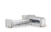 MODERN L-SHAPED SOFA IN BEIGE VELVET WITH CUSHIONED SEATING , MATCHING PILLOWS. MEDIDAS-220X270X90CM