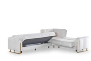 MODERN L-SHAPED SOFA IN BEIGE VELVET WITH CUSHIONED SEATING , MATCHING PILLOWS. MEDIDAS-220X270X90CM