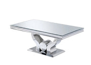 TROFY COFFEE TABLE WITH SILVER FEETS WITH MIRRORED GLASS TOP. MEASUREMENT 120X70CM.
