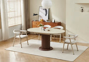 SOFIA EXTENDABLE DINING TABLE WITH A TRAVERTINE CERMIC TOP AND WALNUT LEGS. MEASURMENT 125/165X100X75CM.