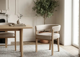 ALIA CHAIR WITH OAK EFFECT LEGS AND BEIGE VELVET SEAT.