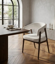 ALICIA CHAIR WITH WALNUT EFFECT LEGS AND BEIGE VELVET SEAT.