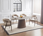ALICIA CHAIR WITH WALNUT EFFECT LEGS AN DMOKA TEXTURED SEAT.