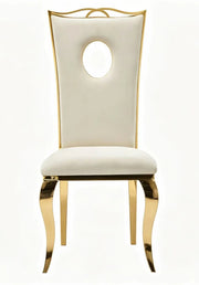 ROYAL CHAIR WITH GOLD LEGS AND BEIGE VELVET SEAT.