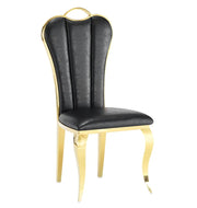 NANA PHALLE CHAIR WITH GOLD LEGS AND BLACK FAUX LEATHER SEAT.