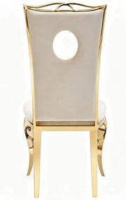 ROYAL CHAIR WITH GOLD LEGS AND BEIGE VELVET SEAT.