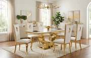 ROYAL CHAIR WITH GOLD LEGS AND BEIGE VELVET SEAT.