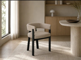 ALIA CHAIR WITH BLACK METAL LEGS AND MOKA TEXTURED SEAT.