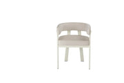 ALIA CHAIR WITH BEIGE METAL LEGS AND BEIGE VELVET SEAT.